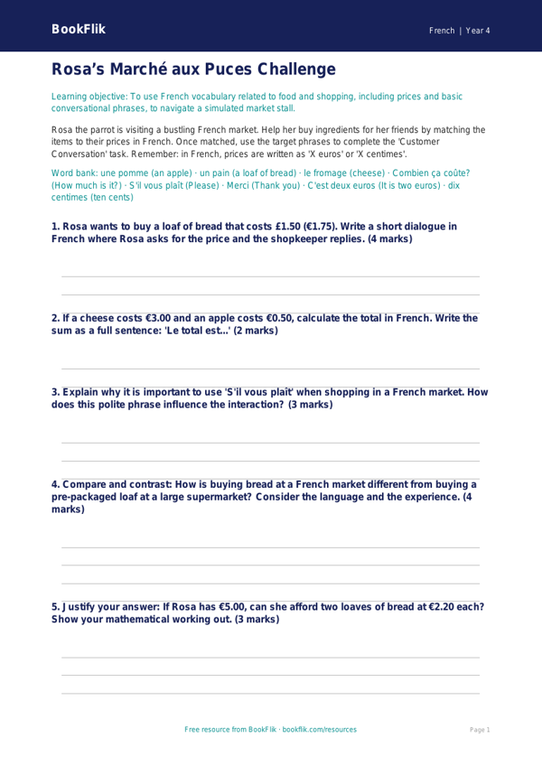 Free Shopping Activity Sheet | Grade 3 | French | BookFlik worksheet preview — French Shopping