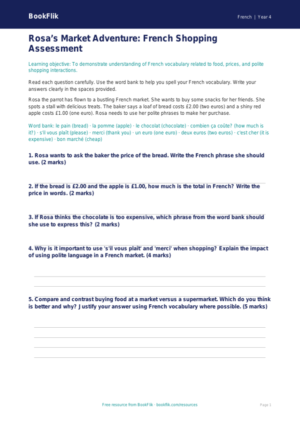 Shopping Math & French Vocabulary | Grade 3 | Free Assessment worksheet preview — French Shopping