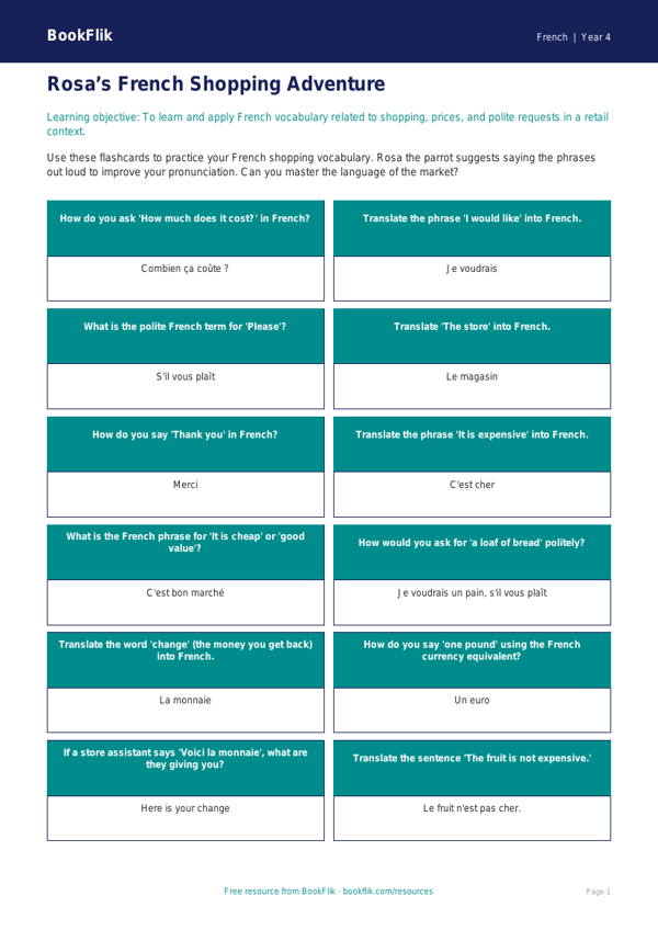 Shopping Flashcards Grade 3 | French & Math | BookFlik worksheet preview — French Shopping