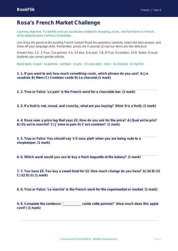 French Shopping Quiz for Grade 3 | BookFlik Resources worksheet preview — French Shopping