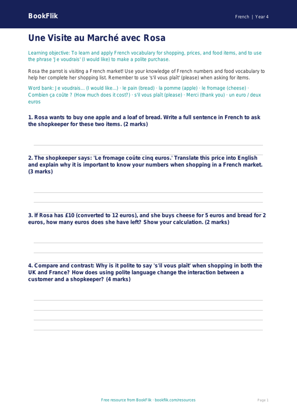 Free Shopping Worksheet | Grade 3 | French | BookFlik worksheet preview — French Shopping