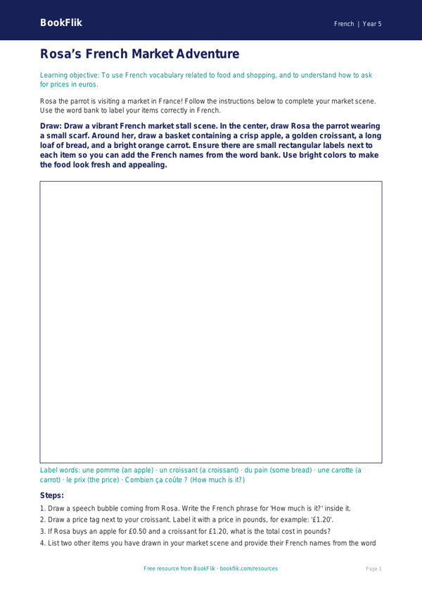 Free French Shopping Drawing Sheet | Grade 4 Math & Language | BookFlik worksheet preview — French Shopping