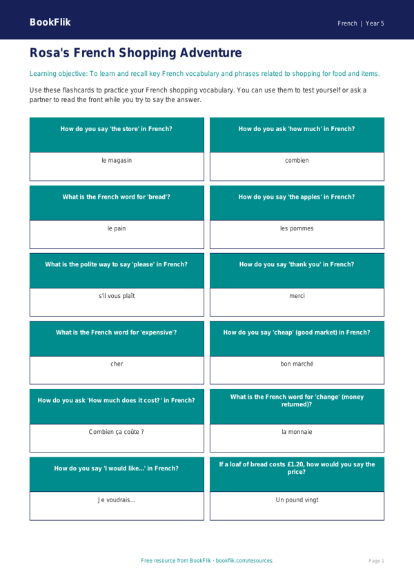 Free Shopping Flashcards | Grade 4 | French | BookFlik worksheet preview — French Shopping