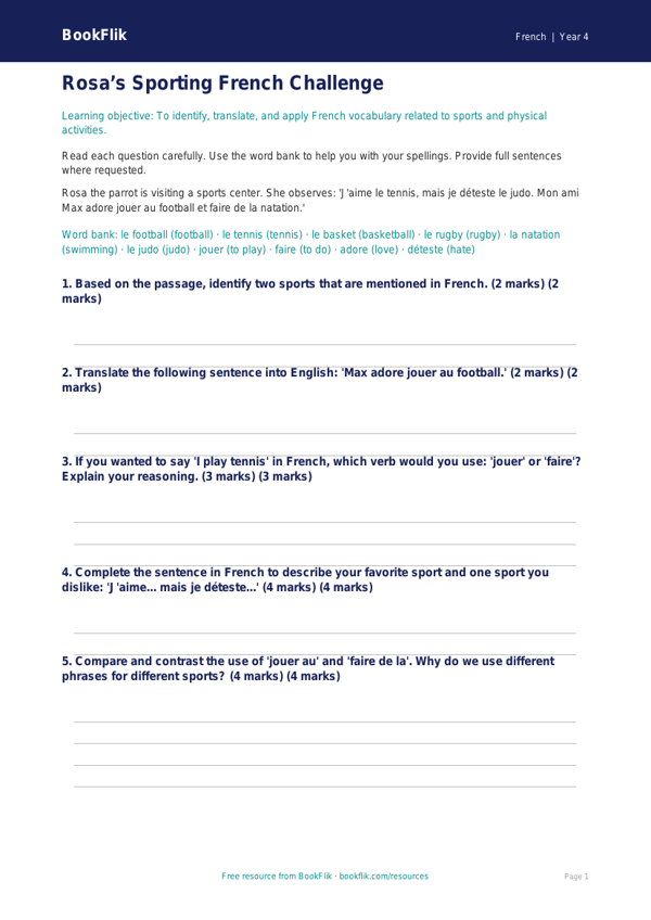 French Sports Vocabulary Assessment | Grade 3 | BookFlik worksheet preview — French Sports
