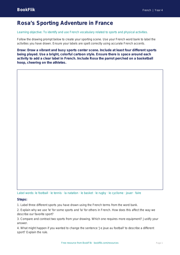 French Sports Vocabulary & Drawing Sheet | Grade 3 | BookFlik worksheet preview — French Sports