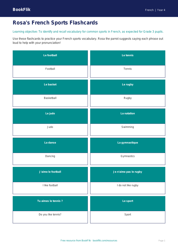 French Sports Flashcards for Grade 3 | Free Printable | BookFlik worksheet preview — French Sports