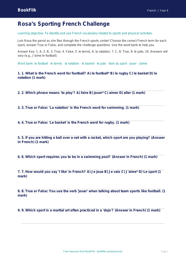 French Sports Quiz for Grade 3 | Greater Depth | BookFlik worksheet preview — French Sports