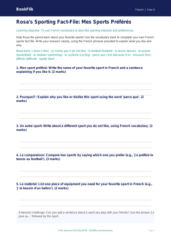 French sports template grade 3 core worksheet preview — French Sports