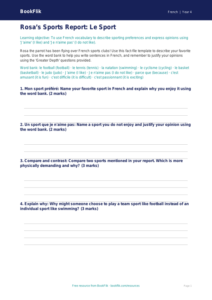 French Sports Vocabulary Worksheet | Grade 3 | BookFlik