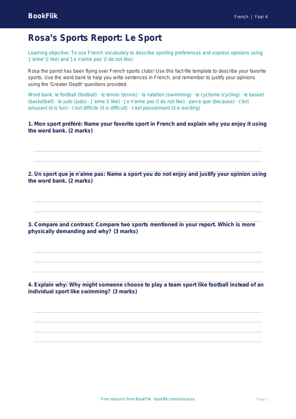 French Sports Vocabulary Worksheet | Grade 3 | BookFlik worksheet preview — French Sports