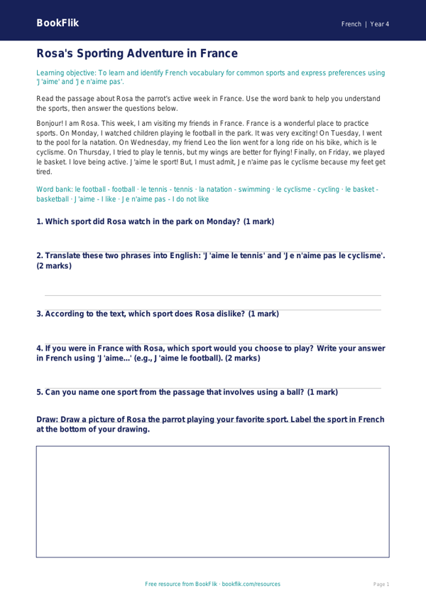 Free French Sports Vocabulary Worksheet | Grade 3 | BookFlik worksheet preview — French Sports
