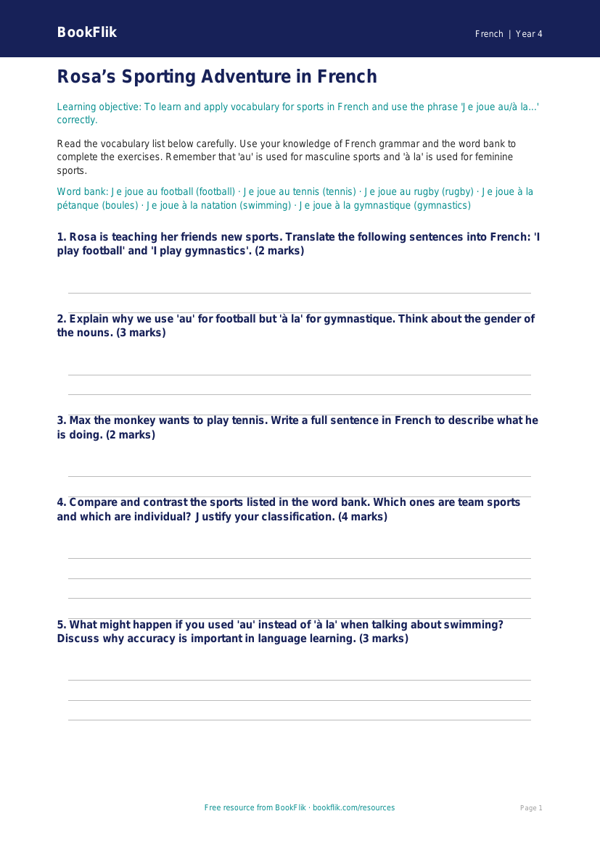 French Sports Worksheet | Grade 3 | Free Printable | BookFlik worksheet preview — French Sports