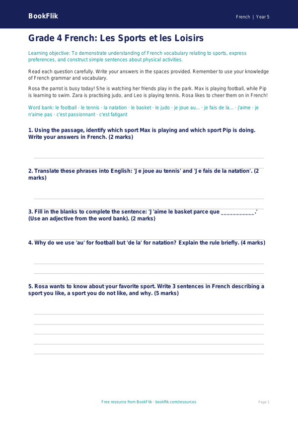 French Sports Vocabulary Worksheet | Grade 4 | BookFlik worksheet preview — French Sports