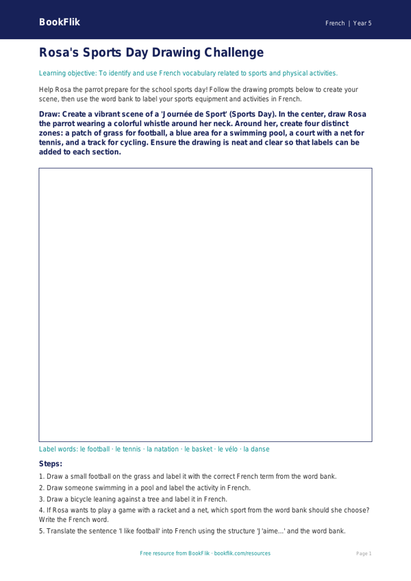 French Sports Vocabulary Worksheet | Grade 4 | BookFlik worksheet preview — French Sports