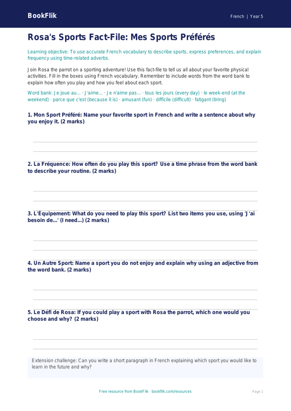 French Sports Vocabulary Worksheet | Grade 4 | BookFlik worksheet preview — French Sports