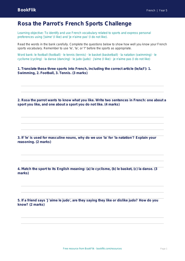 Free French Sports Worksheet | Grade 4 | BookFlik worksheet preview — French Sports