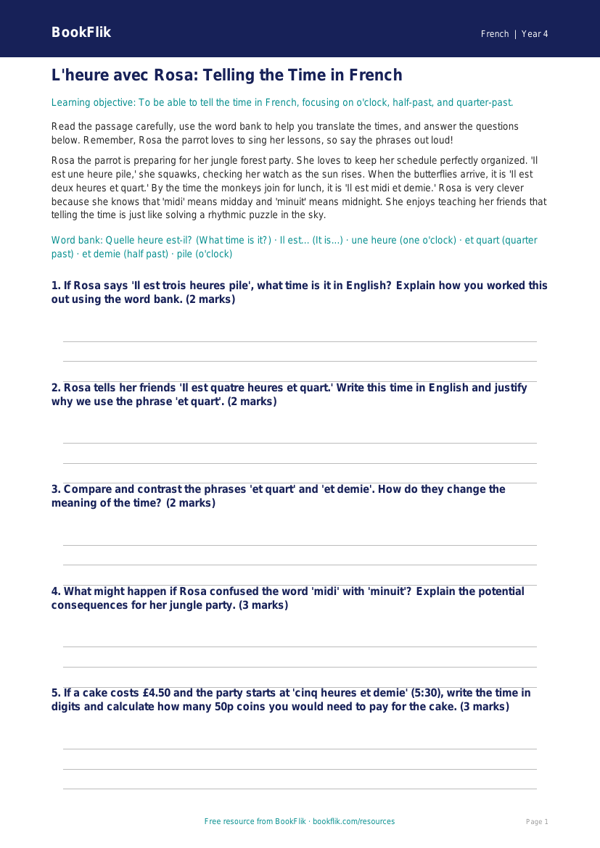Grade 3 Telling Time in French Worksheet | BookFlik worksheet preview — French Telling The Time