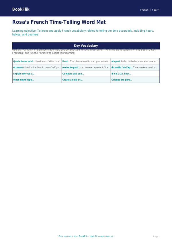 Free Telling The Time Word Mat | Grade 3 French | BookFlik worksheet preview — French Telling The Time