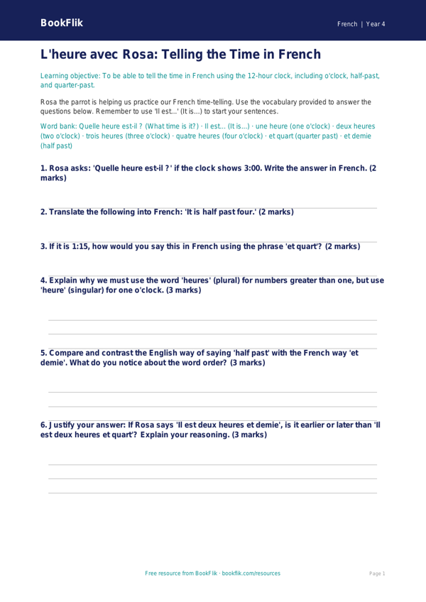 Telling Time in French Worksheet | Grade 3 Common Core | BookFlik worksheet preview — French Telling The Time