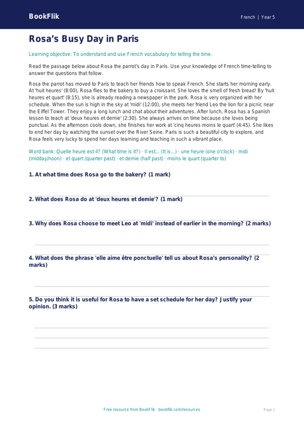 Free Telling The Time Comprehension | Grade 4 | French | BookFlik worksheet preview — French Telling The Time