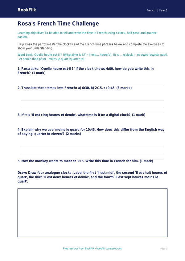 Free Telling The Time Worksheet | Grade 4 | French | BookFlik worksheet preview — French Telling The Time