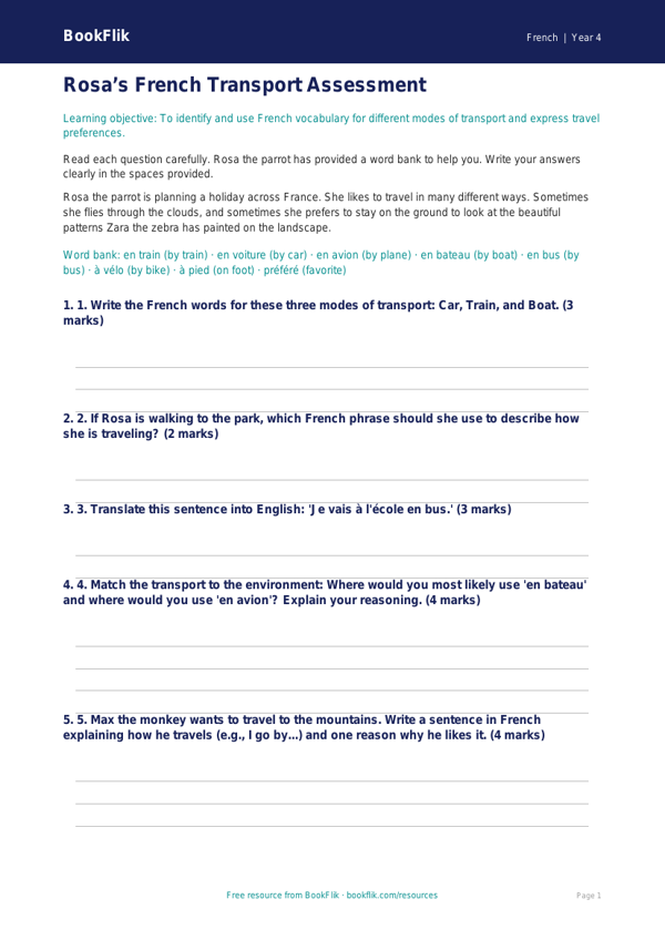 Free French Transport Assessment | Grade 3 | BookFlik worksheet preview — French Transport