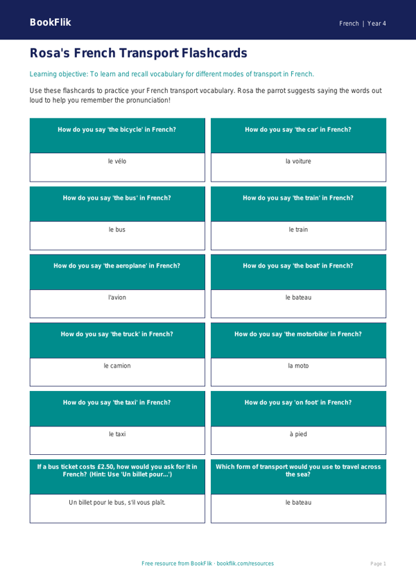 Free Transport Flashcards for Grade 3 Students | BookFlik worksheet preview — French Transport