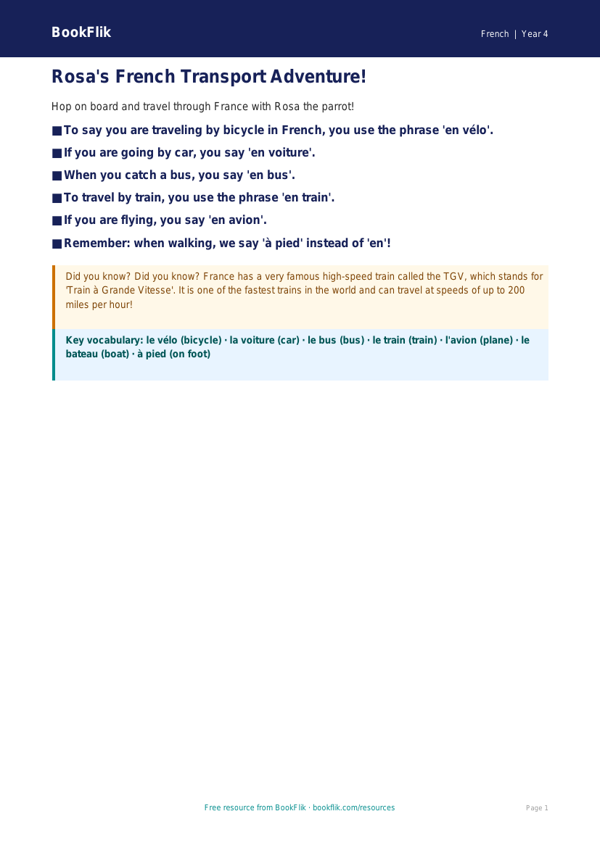 Free French Transport Poster | Grade 3 | BookFlik worksheet preview — French Transport