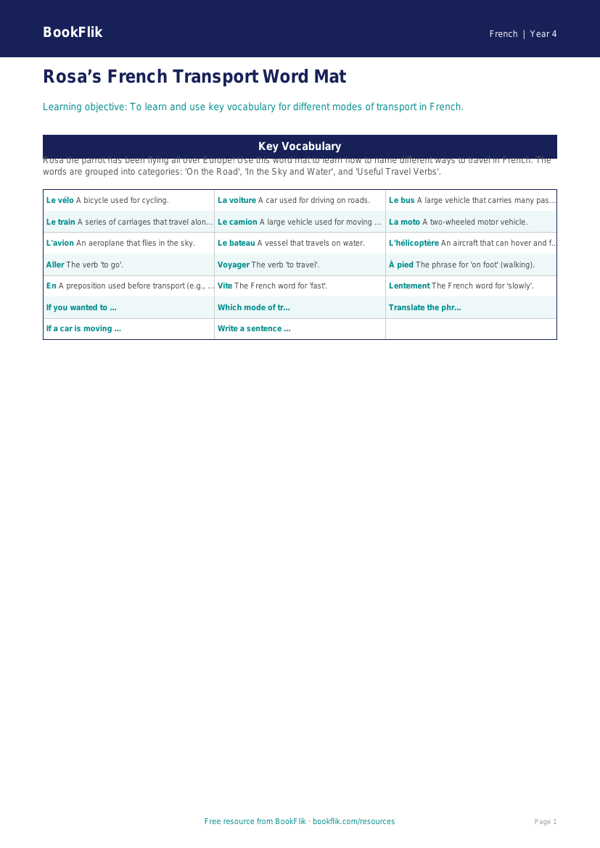 French transport word mat grade 3 core worksheet preview — French Transport