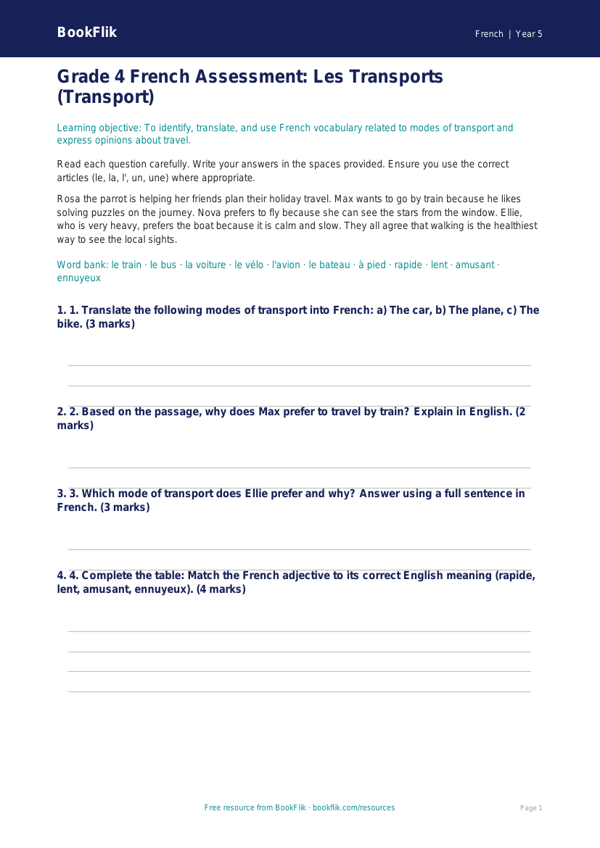 French Transport Assessment | Grade 4 | Common Core | BookFlik worksheet preview — French Transport