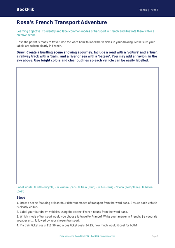 Free Transport Drawing Sheet | Grade 4 | French | BookFlik worksheet preview — French Transport