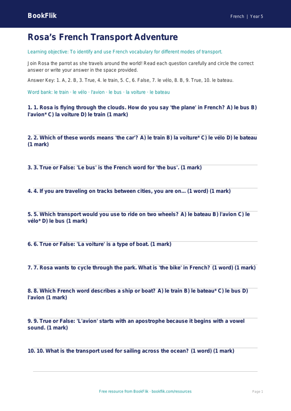 French Transport Quiz for Grade 4 | BookFlik Resources worksheet preview — French Transport