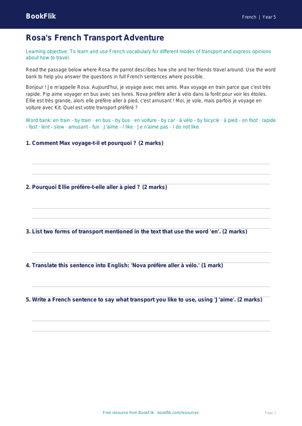 French Transport Vocabulary Worksheet | Grade 4 | BookFlik worksheet preview — French Transport
