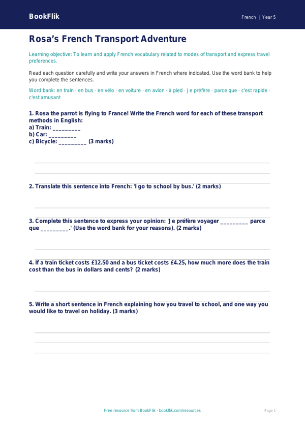 Free Transport Worksheet | Grade 4 | French | BookFlik worksheet preview — French Transport