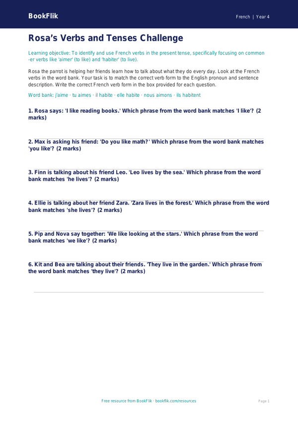 Free Verbs And Tenses Activity Sheet | Grade 3 | French | BookFlik worksheet preview — French Verbs And Tenses