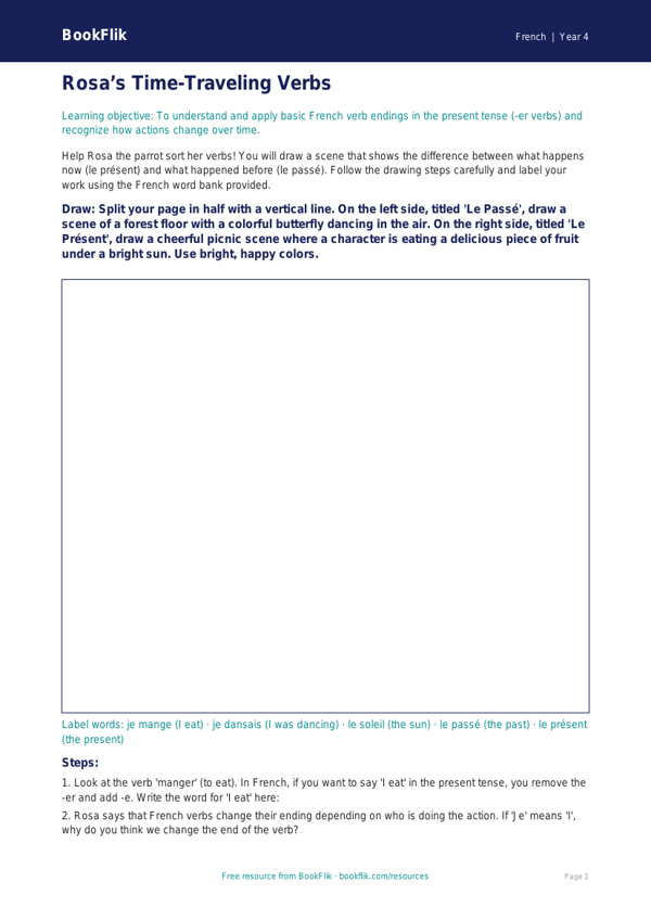 Free Verbs And Tenses Drawing Sheet | Grade 3 | French | BookFlik worksheet preview — French Verbs And Tenses