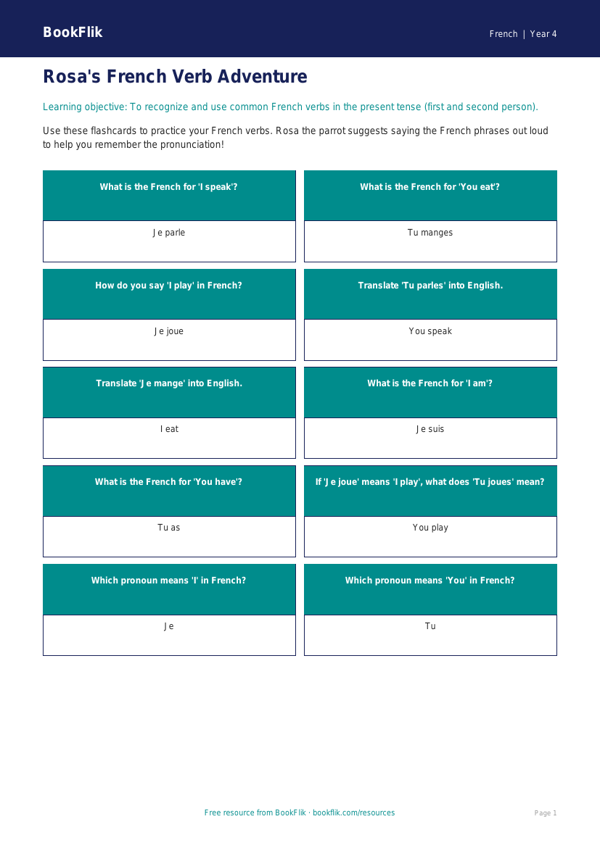 Free Verbs and Tenses Flashcards | Grade 3 French | BookFlik worksheet preview — French Verbs And Tenses