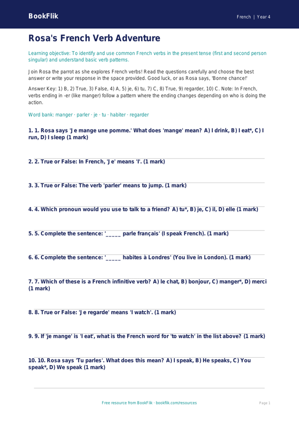 Free Verbs And Tenses Quiz | Grade 3 | French | BookFlik worksheet preview — French Verbs And Tenses