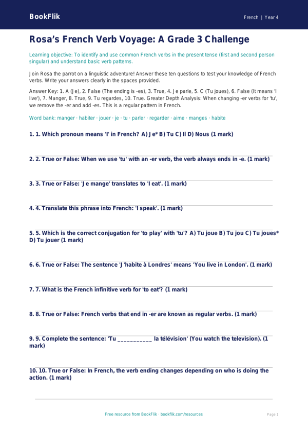 Verbs and Tenses Quiz: Grade 3 French Practice | BookFlik worksheet preview — French Verbs And Tenses