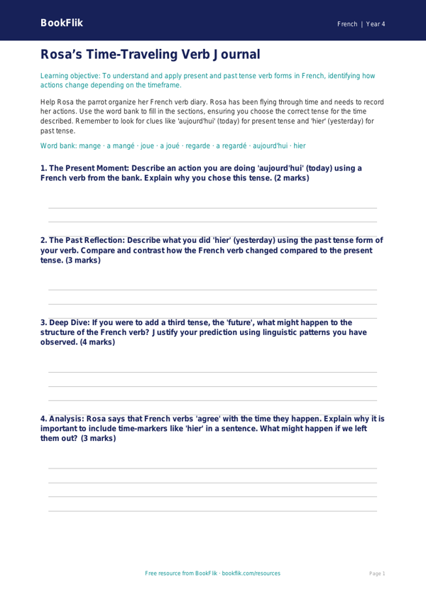Free Verbs And Tenses Template | Grade 3 | French | BookFlik worksheet preview — French Verbs And Tenses