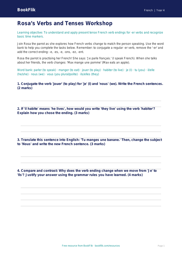 Free Verbs And Tenses Worksheet | Grade 3 | French | BookFlik worksheet preview — French Verbs And Tenses