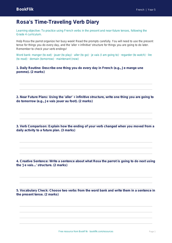 Free Verbs And Tenses Template | Grade 4 | French | BookFlik worksheet preview — French Verbs And Tenses