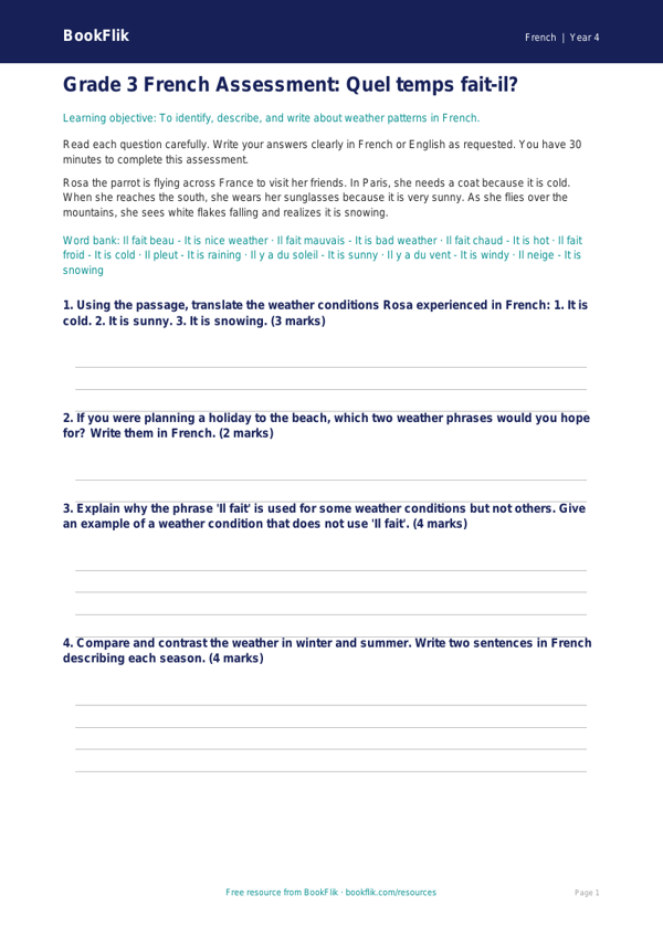 Weather Assessment Grade 3 Free | French Lesson | BookFlik worksheet preview — French Weather