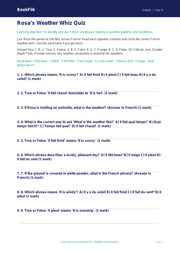 French Weather Quiz for Grade 3 | Greater Depth | BookFlik worksheet preview — French Weather