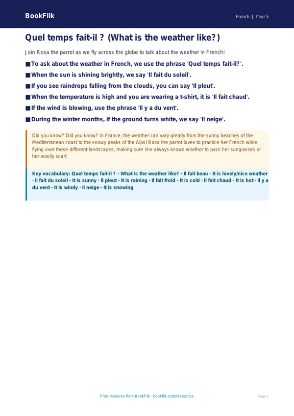 Free Weather Poster | Grade 4 French Lesson | BookFlik worksheet preview — French Weather