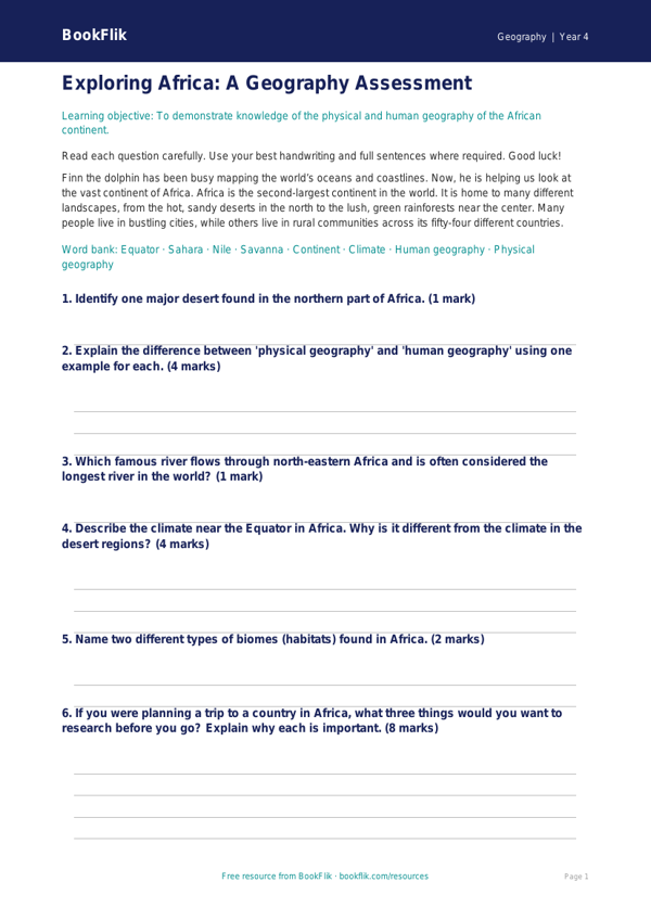 Free Africa Geography Assessment for Grade 3 | BookFlik worksheet preview — Geography Africa