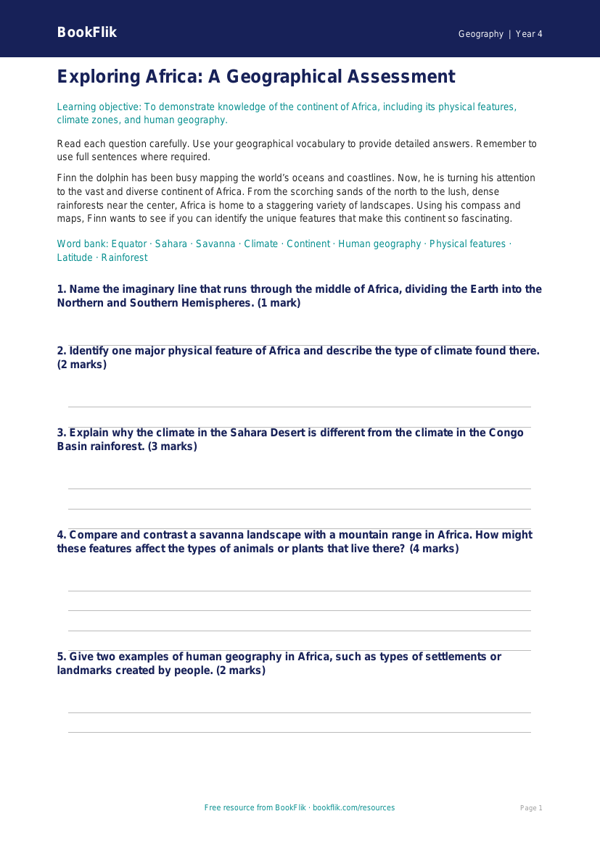 Free Africa Assessment | Grade 3 | Geography | BookFlik worksheet preview — Geography Africa