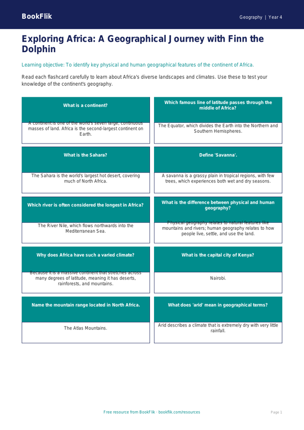 Africa Flashcards Grade 3 | Geography Lesson | BookFlik worksheet preview — Geography Africa