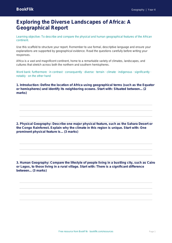 Free Africa Writing Frame | Grade 3 | Geography | BookFlik worksheet preview — Geography Africa