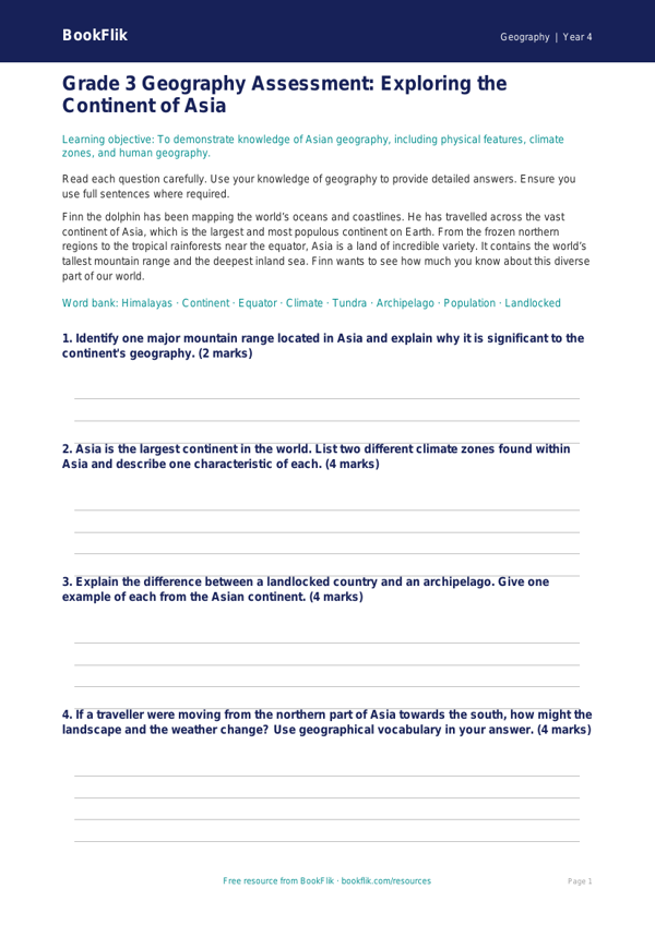 Asia Geography Assessment | Grade 3 | Greater Depth | BookFlik worksheet preview — Geography Asia